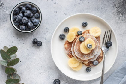 pancakes-with-fresh-blueberries-banana-in-a-white-plate-on-a-gray-background-with-a-branch-of-eucalyptus-healthy-food-concept-horizontal-image-top-view-flat-lay