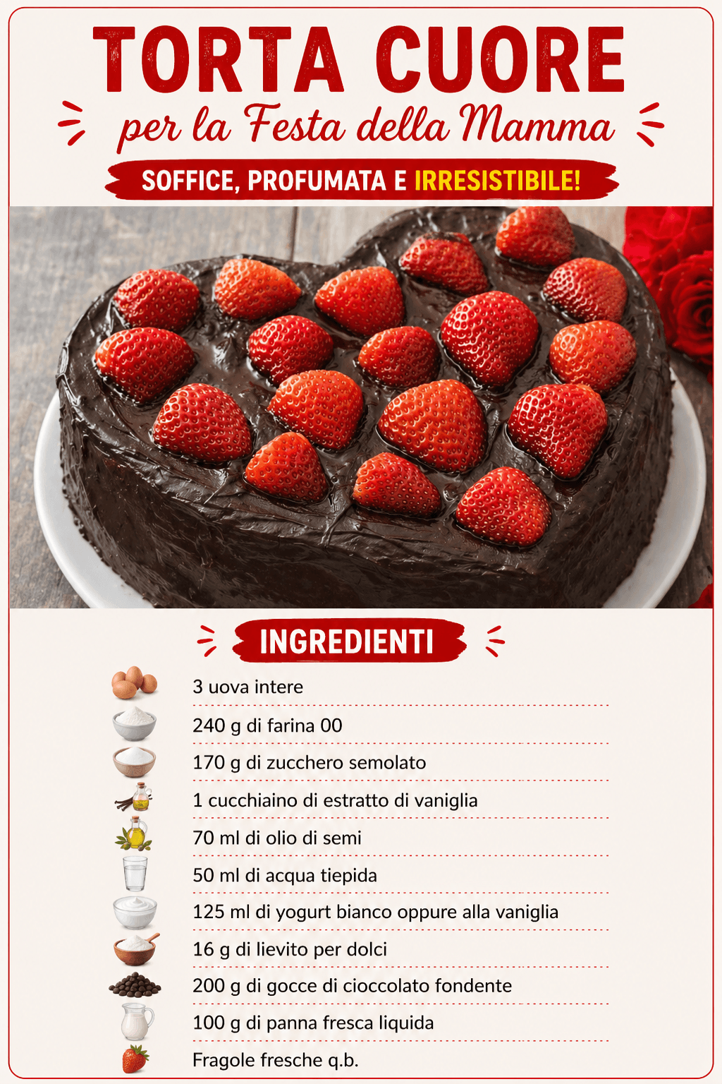 Torta cuore con fragole e cioccolato: per festeggiare la mamma