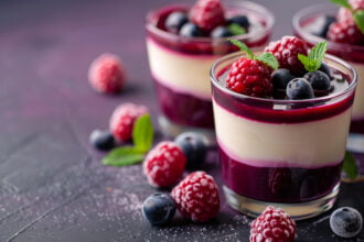 close-up-image-of-delicious-panna-cotta-dessert-topped-with-fresh-raspberries-and-blueberries-dark-purple-background-2