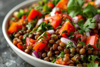 L’insalata fredda di lenticchie, pomodori e cipolla è un piatto unico, fresco, estivo e nutriente.