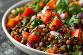 L’insalata fredda di lenticchie, pomodori e cipolla è un piatto unico, fresco, estivo e nutriente.