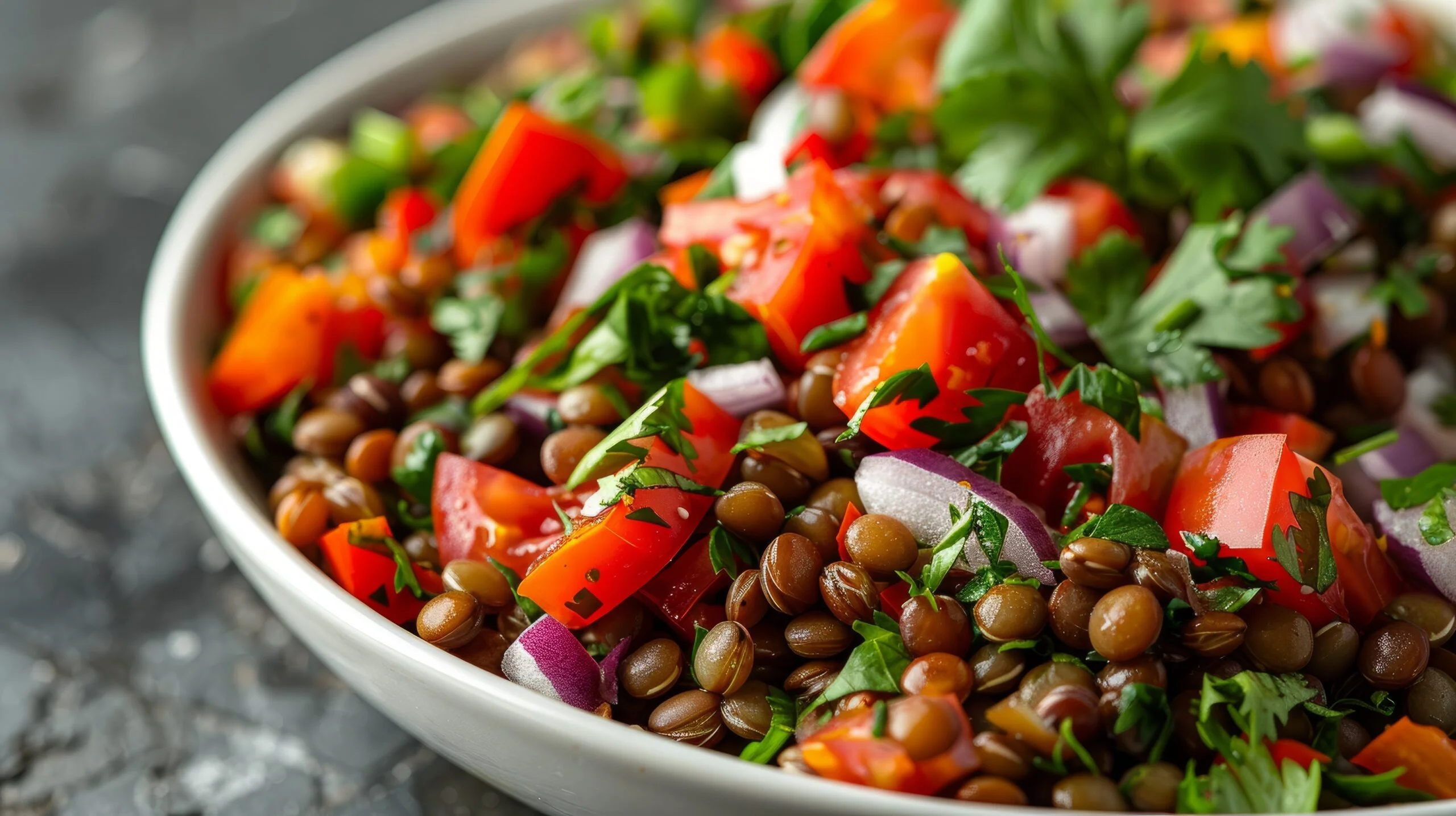 L’insalata fredda di lenticchie, pomodori e cipolla è un piatto unico, fresco, estivo e nutriente.