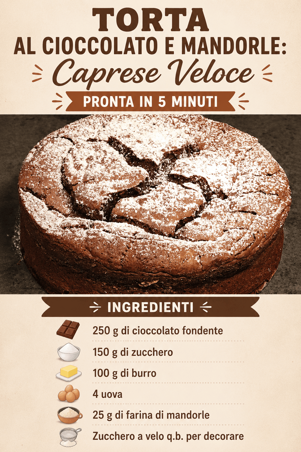 Torta al cioccolato e mandorle: la prepari in 5 minuti. Caprese veloce