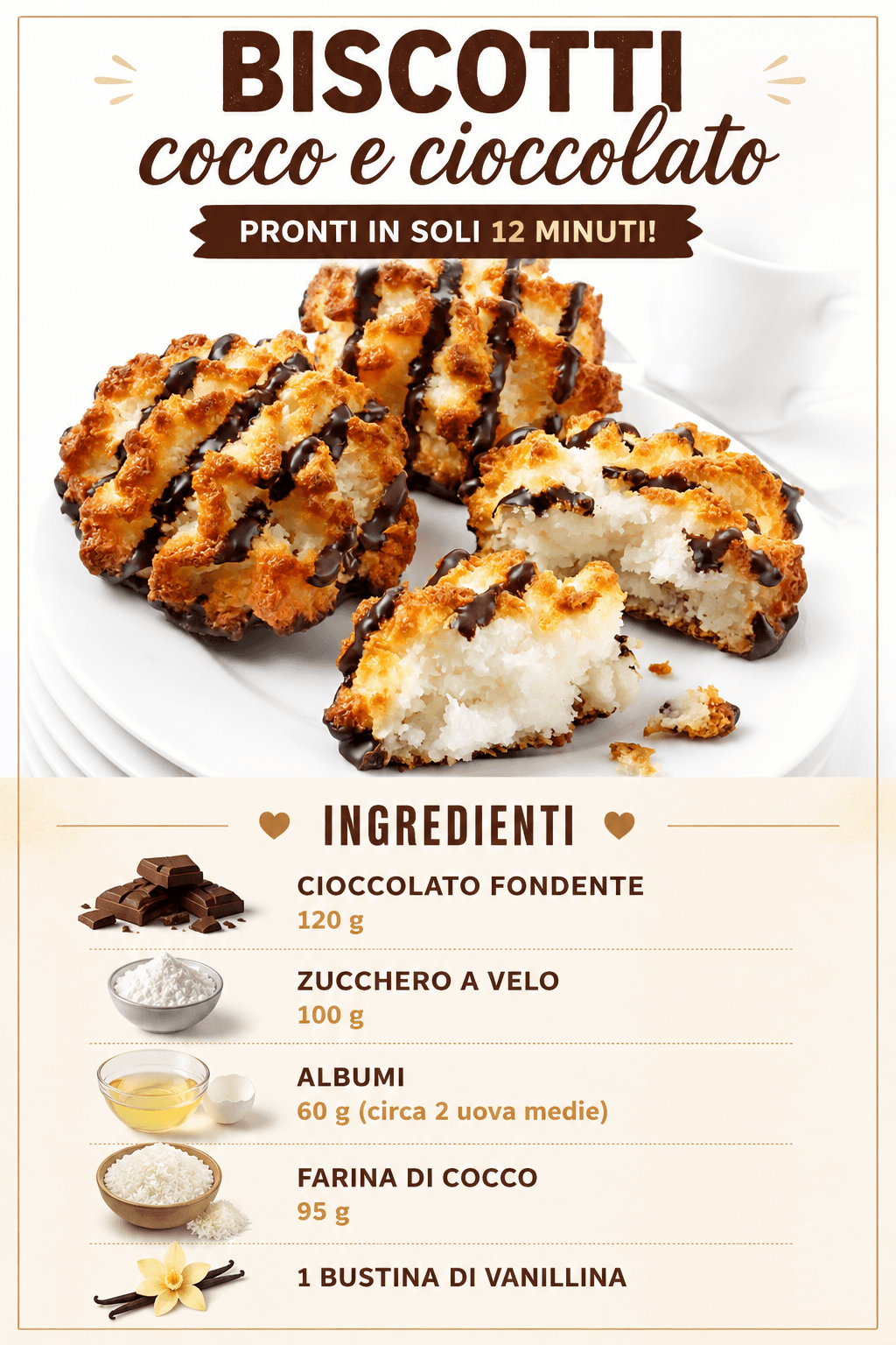 Biscotti cocco e cioccolato, pronti in soli 12 minuti