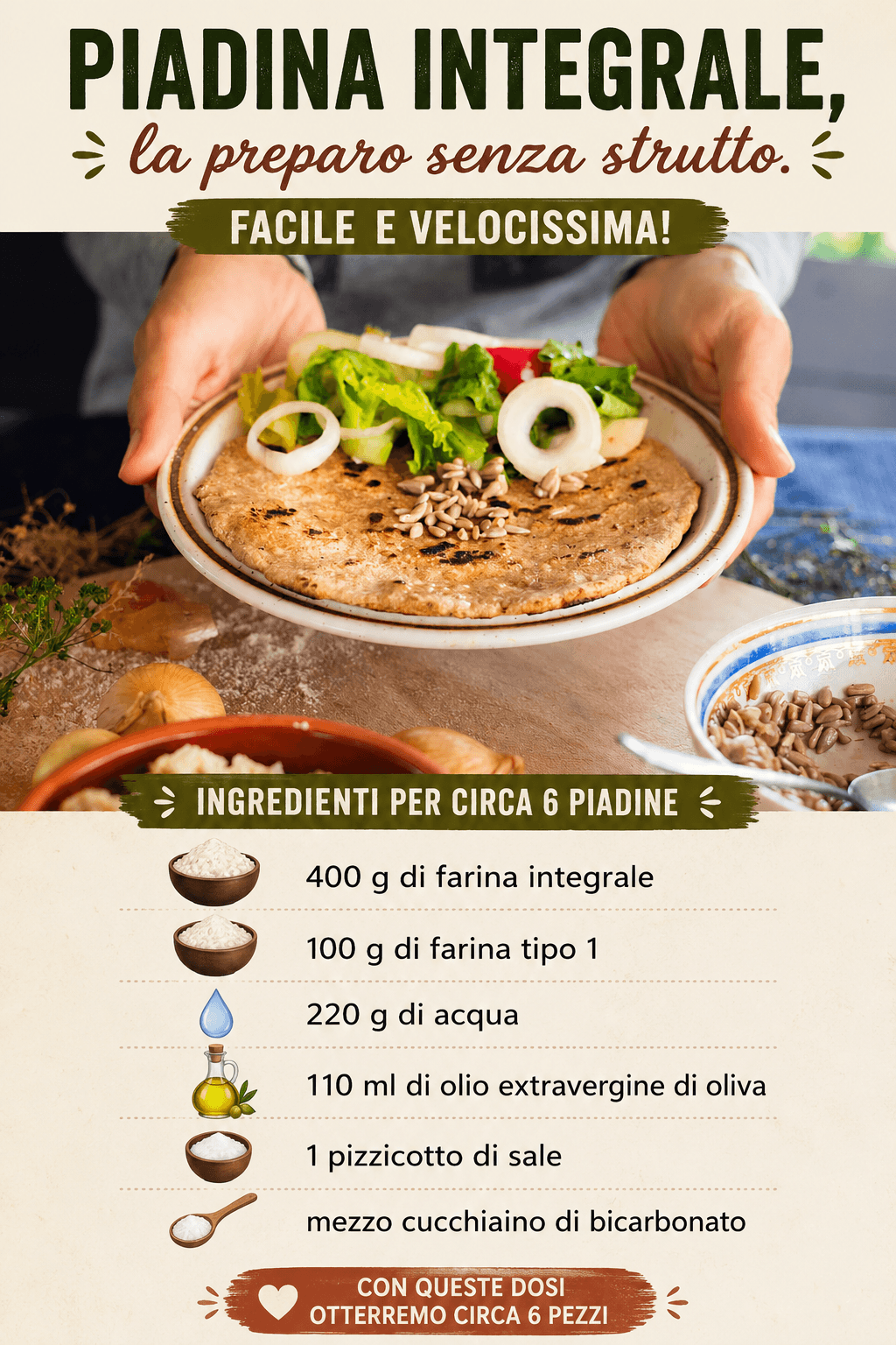 Piadina integrale, la preparo senza strutto ed è facile veloce!
