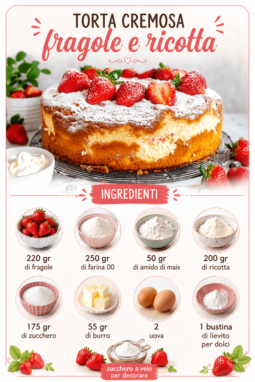 Torta cremosa fragole e ricotta: sofficissima, dall'impasto facile!