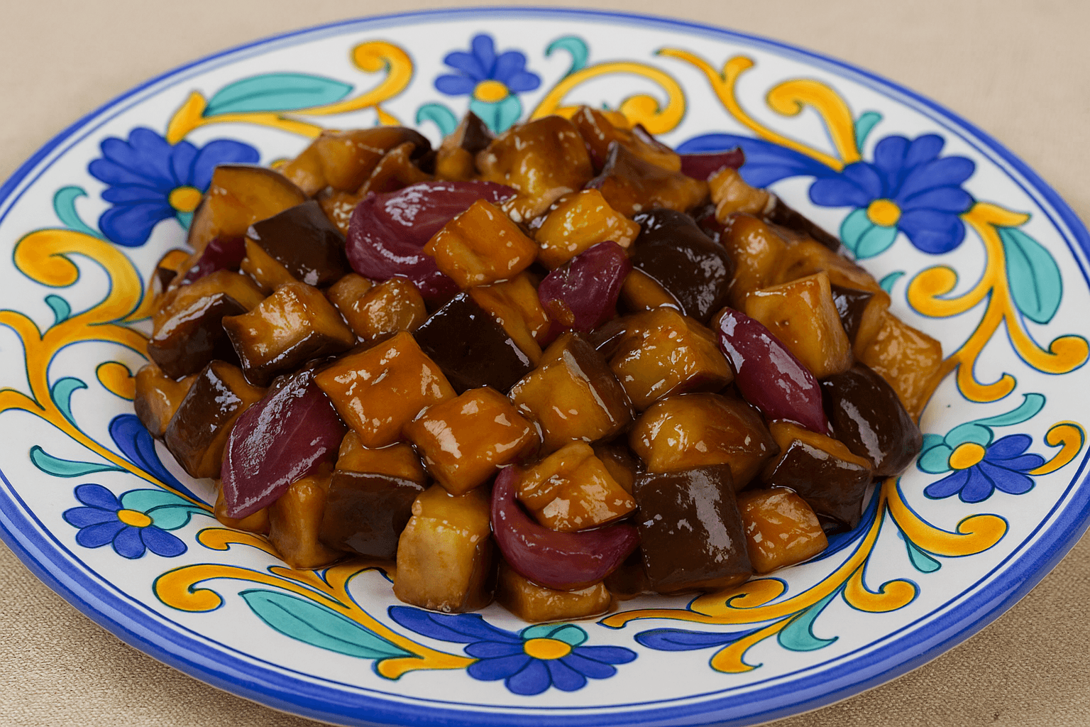 Melanzane in agrodolce con cipolle rosse di Tropea