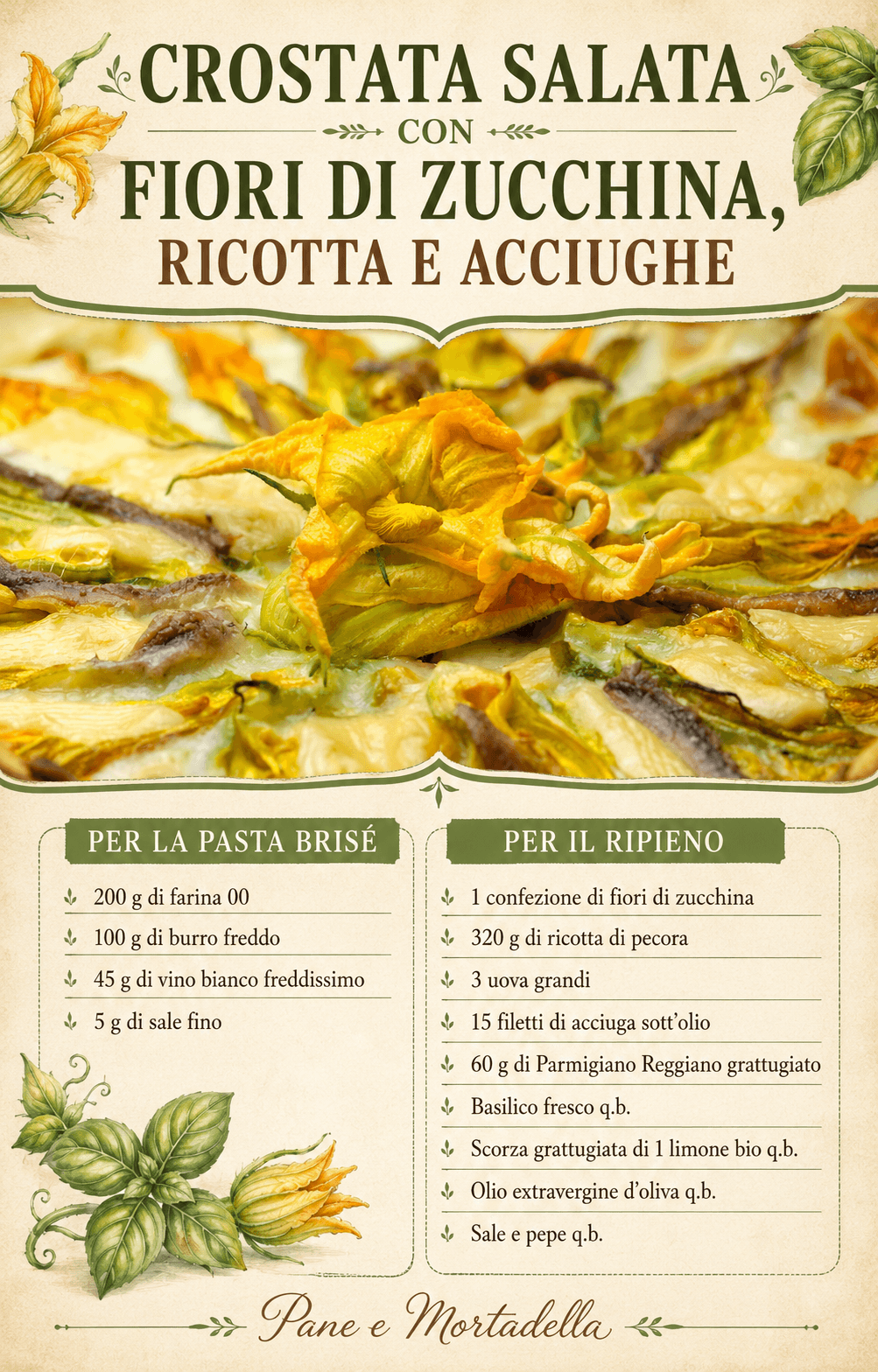 Crostata salata con fiori di zucchina, ricotta e acciughe