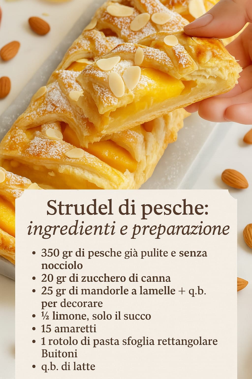 Strudel di pesche: lo preparo con le mandorle e gli amaretti