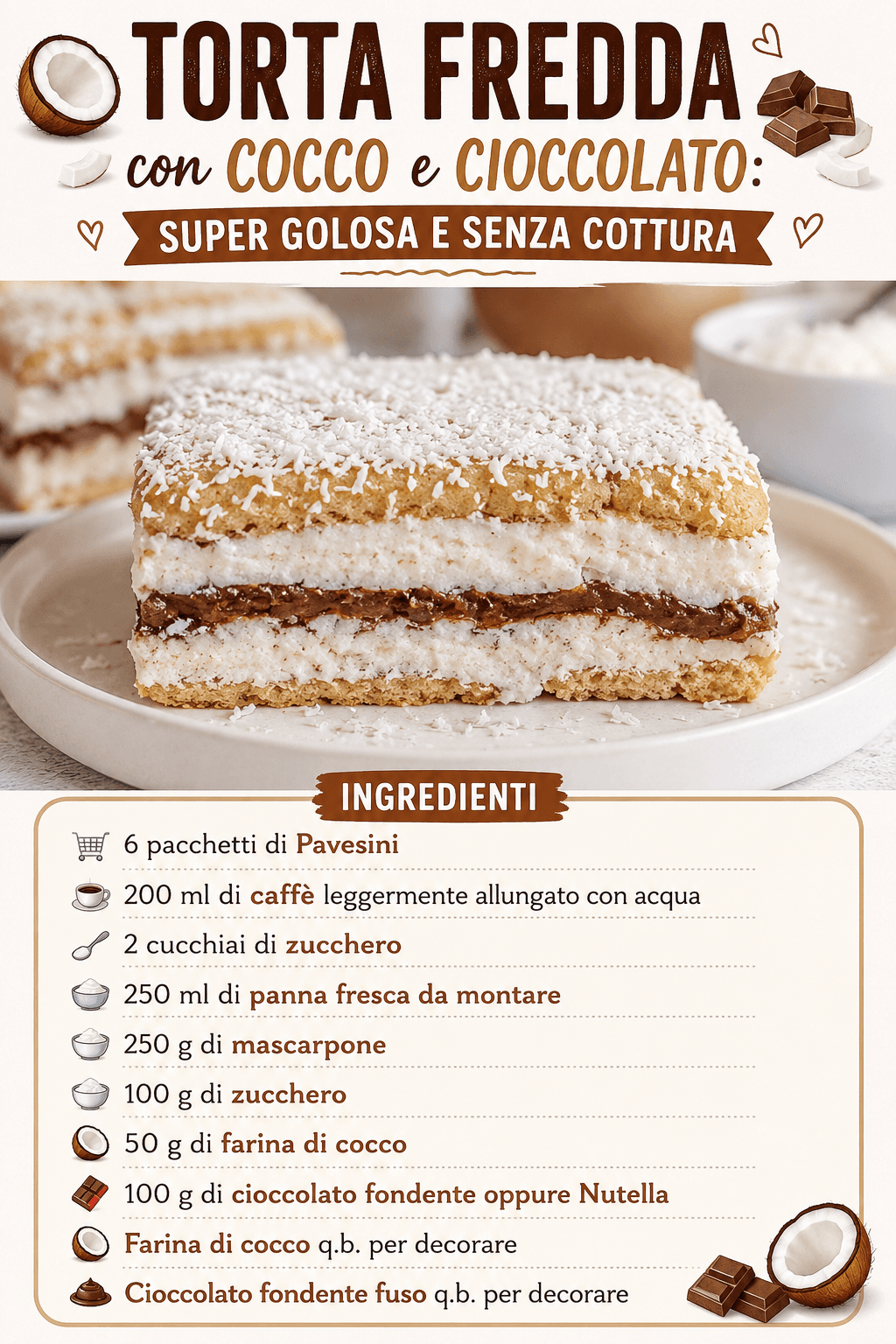 Torta fredda con cocco e cioccolato: super golosa e senza cottura