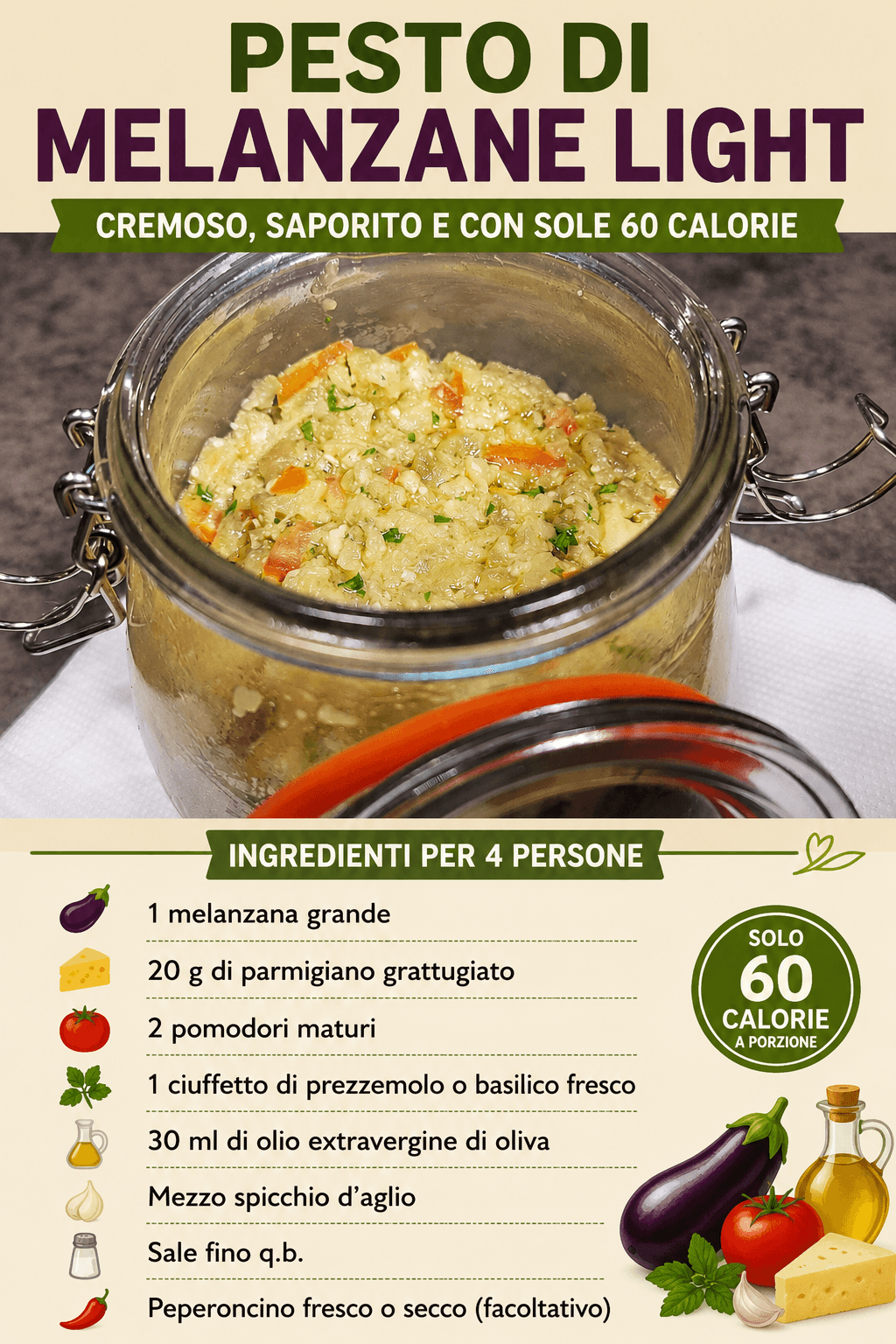 Pesto di melanzane light: la ricetta cremosa e saporita con sole 60 calorie
