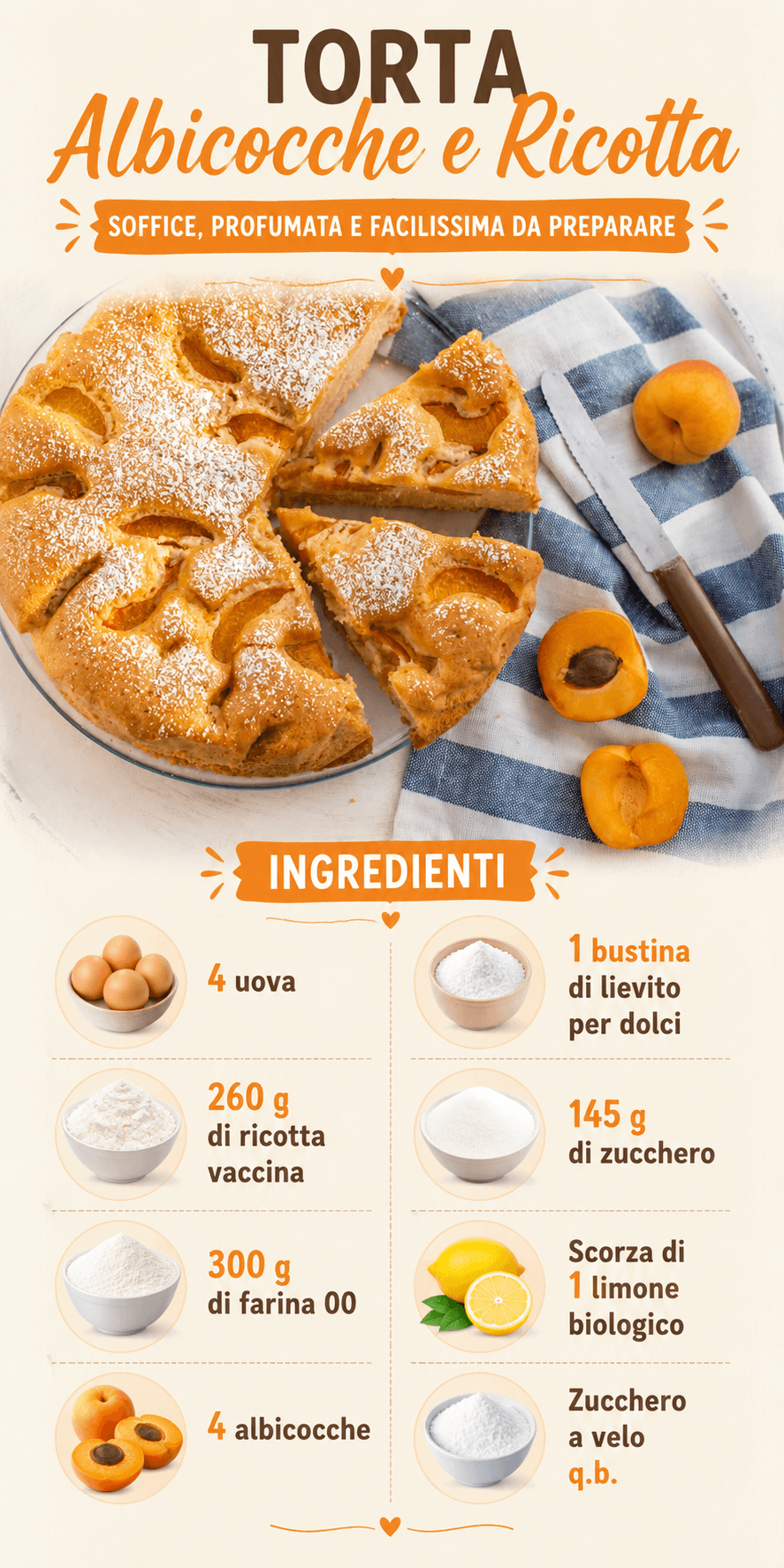 Torta albicocche e ricotta: senza burro né olio ma sofficissima!
