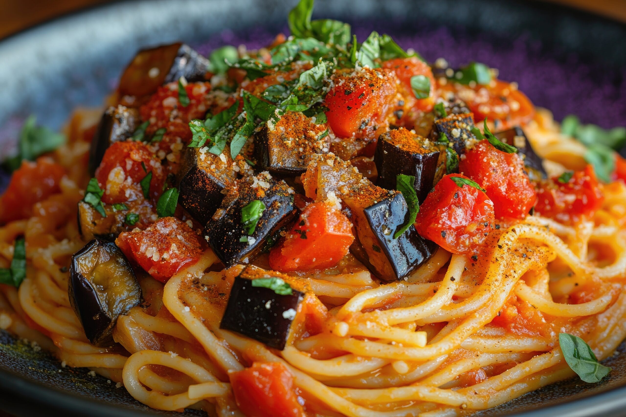 Spaghetti con melanzane a funghetto