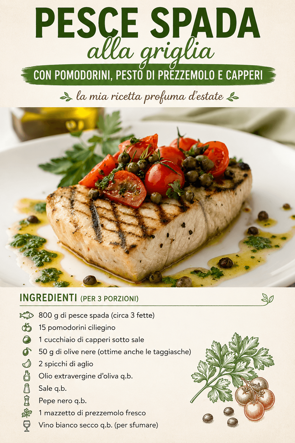 Pesce spada alla griglia con pomodorini, pesto di prezzemolo e capperi: la mia ricetta profuma d'estate