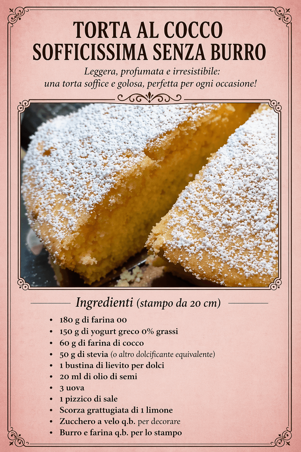 Torta al cocco sofficissima senza burro: il dolce light da 190 Kcal