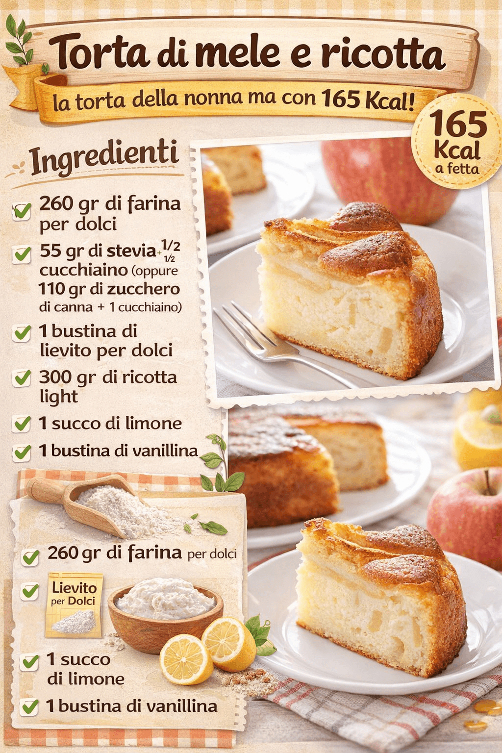 Torta di mele e ricotta: la torta della nonna leggera da 165 Kcal