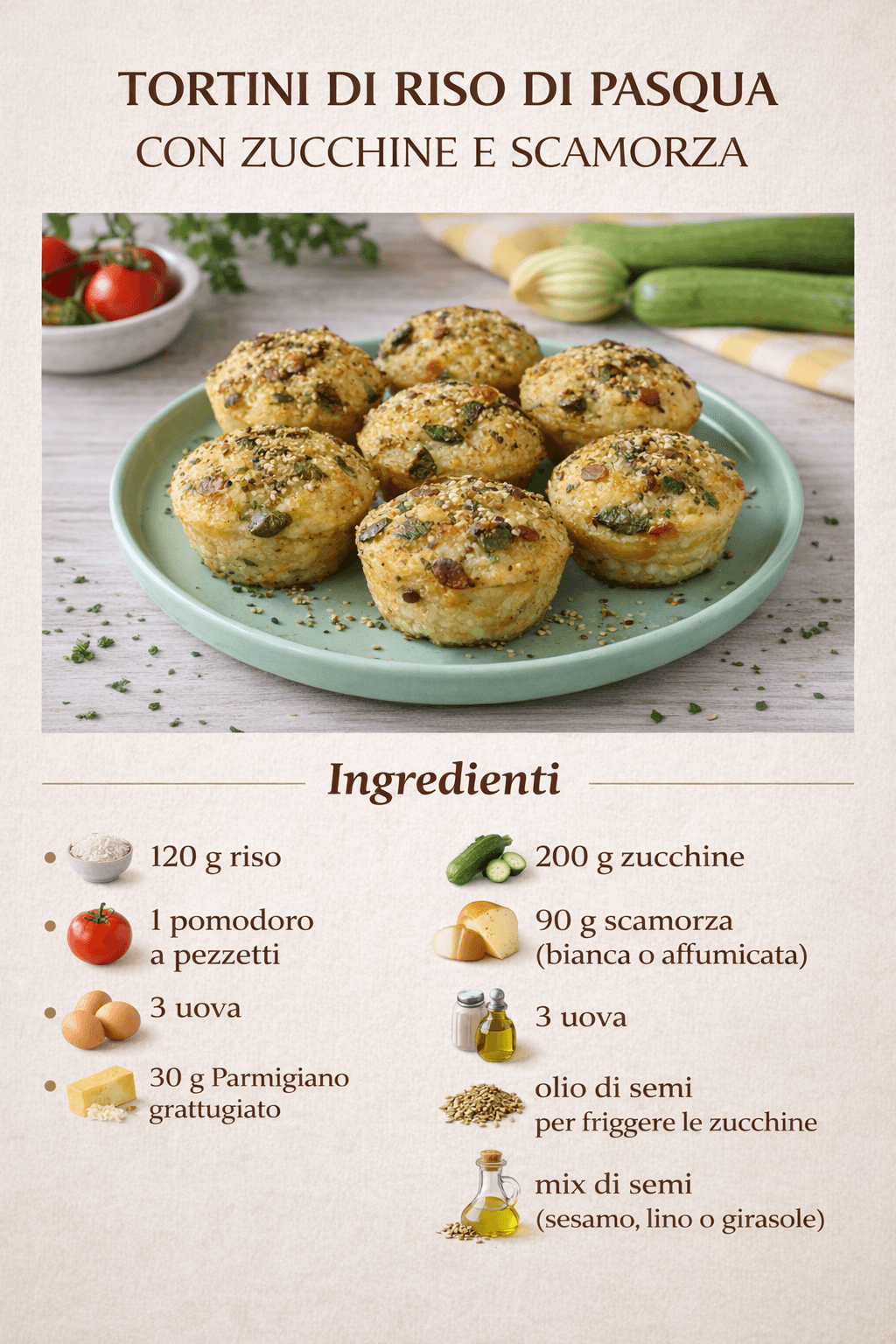 Tortini di riso di Pasqua con zucchine e scamorza