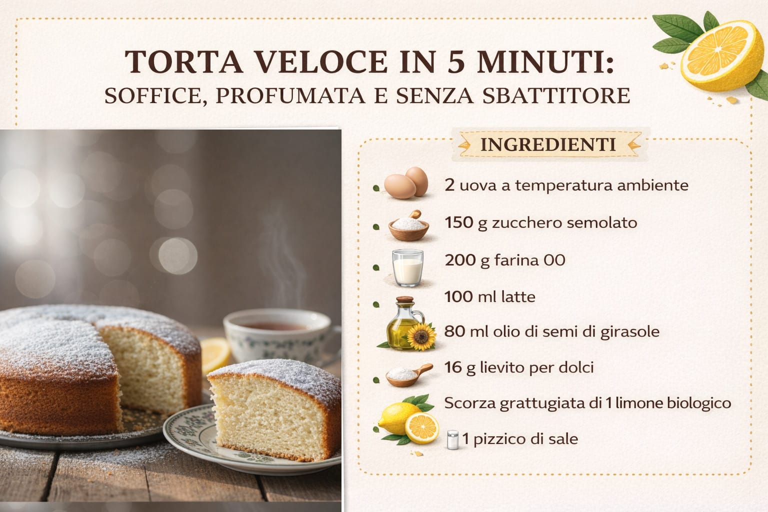 Torta veloce in 5 minuti: soffice, profumata e pronta senza sbattitore