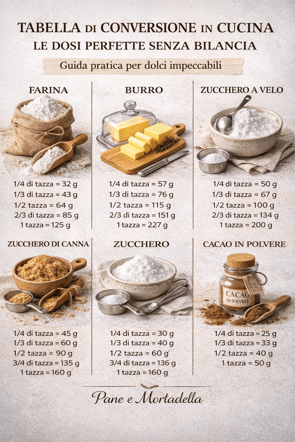 Tabella di conversione in cucina: le dosi perfette senza bilancia (guida pratica per dolci impeccabili)