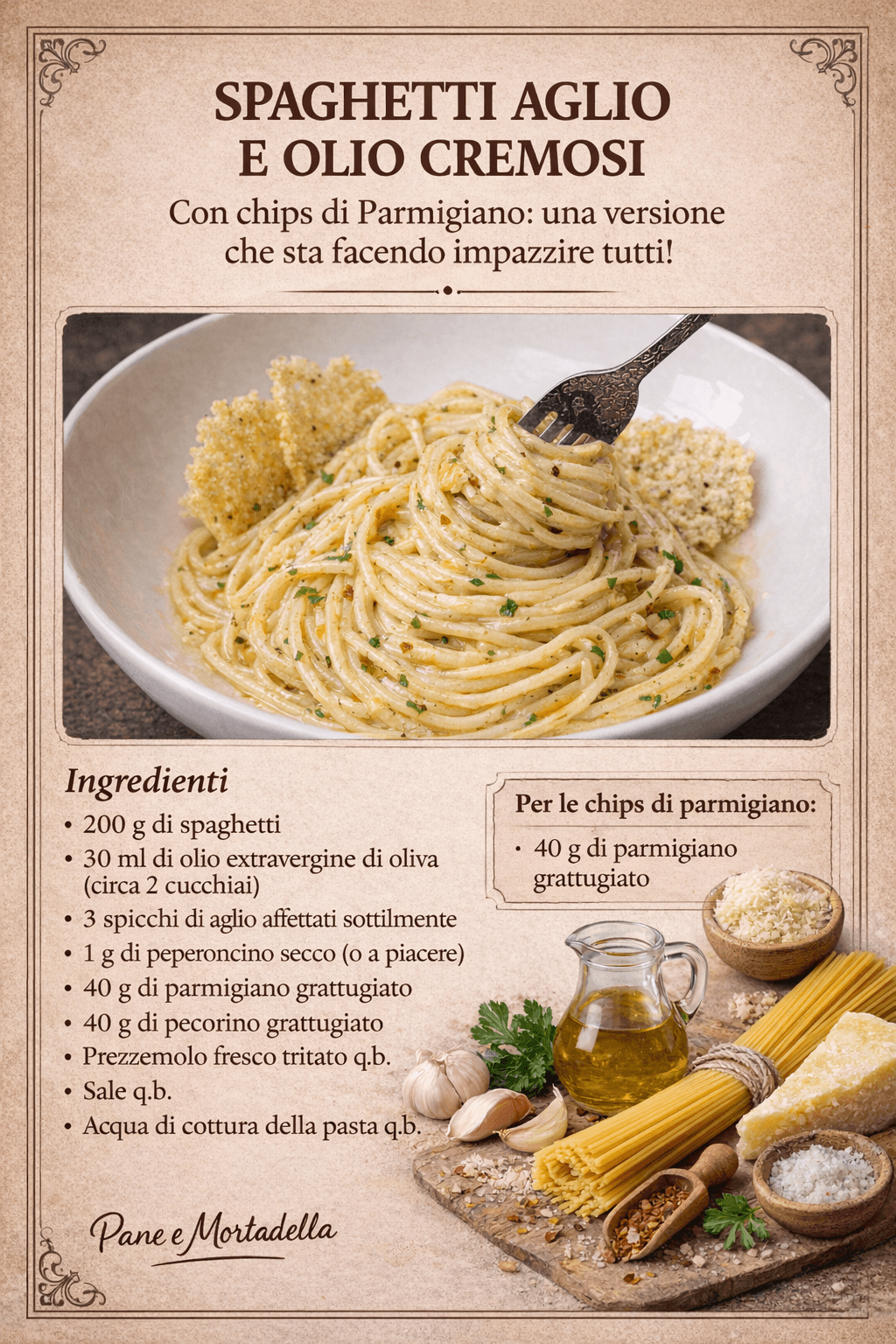 Spaghetti aglio e olio cremosi con chips di Parmigiano: una versione che sta facendo impazzire tutti!