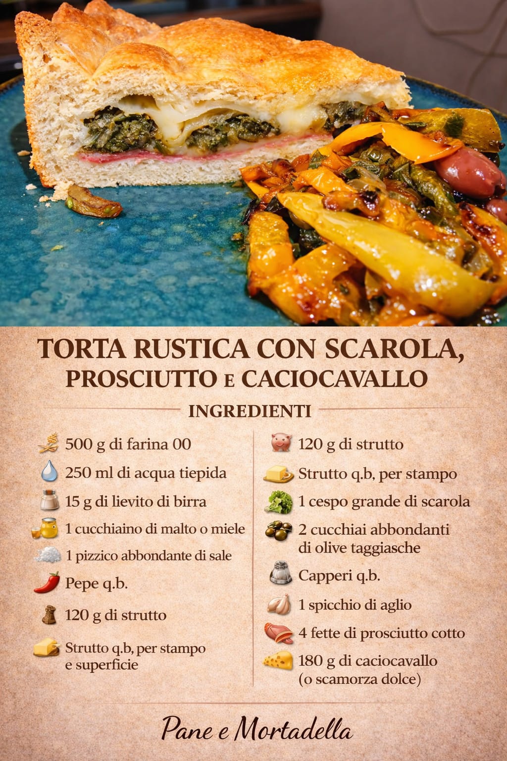 Torta rustica con scarola saltata in padella, prosciutto e caciocavallo