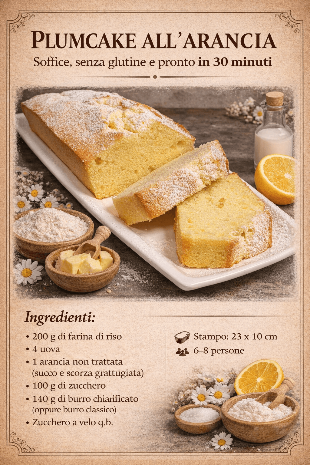 Plumcake all'arancia ma con farina di riso: sofficissimo, senza glutine (pronto in 30 minuti)