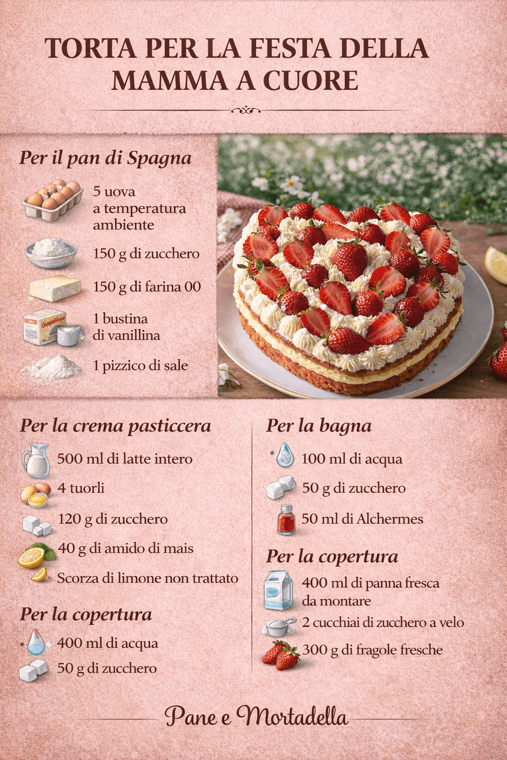 Torta a cuore per la Festa della Mamma: pan di Spagna soffice, crema vellutata e fragole fresche