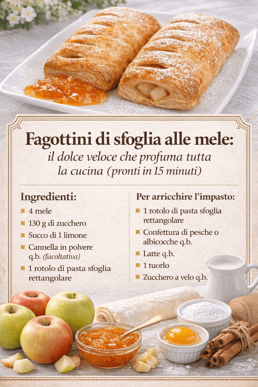 Fagottini di sfoglia alle mele: il dolce veloce che profuma tutta la cucina (pronti in 15 minuti)