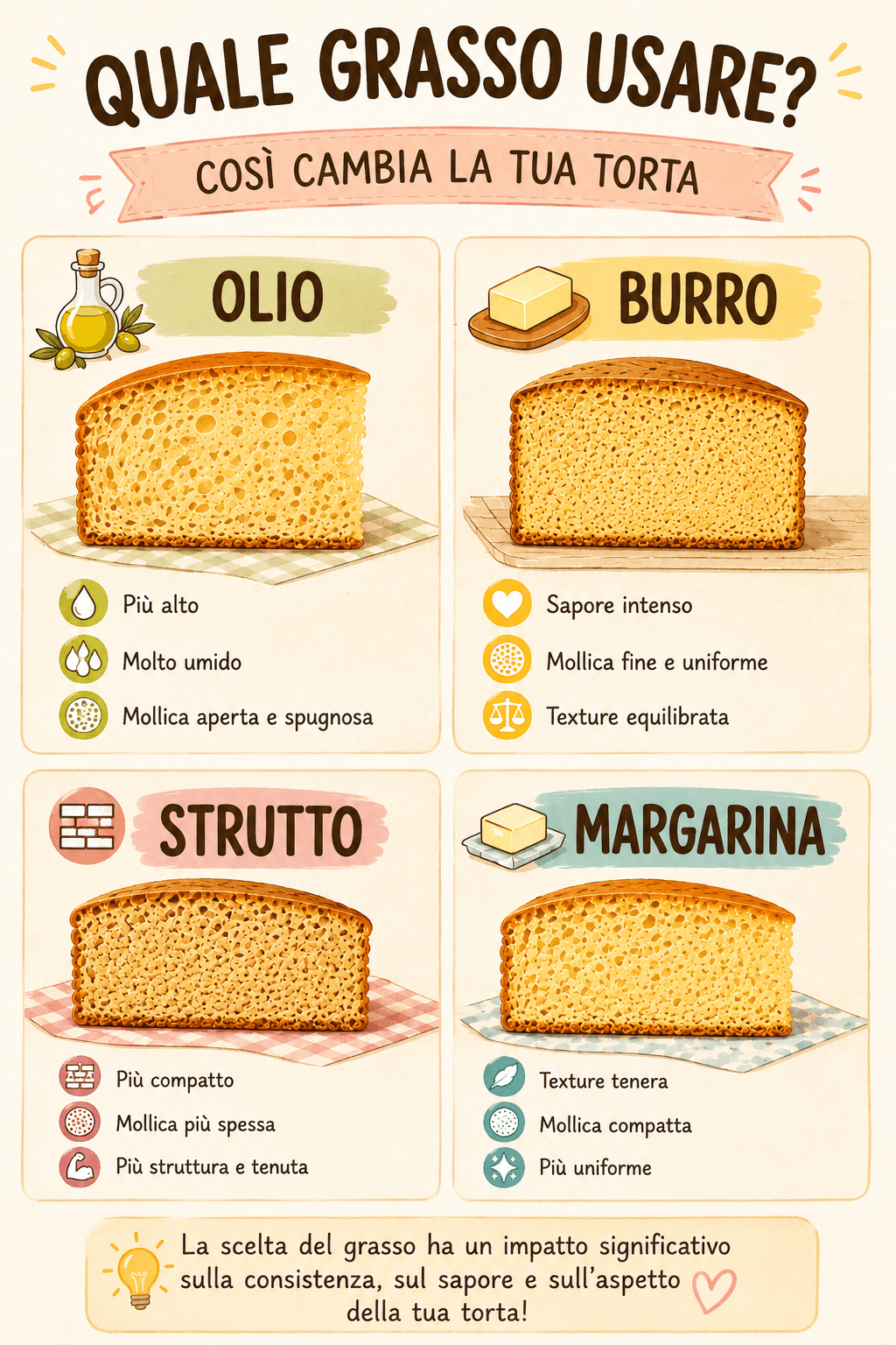 Quale grasso usare nei dolci: olio, burro, strutto o margarina? La scelta cambia davvero la torta