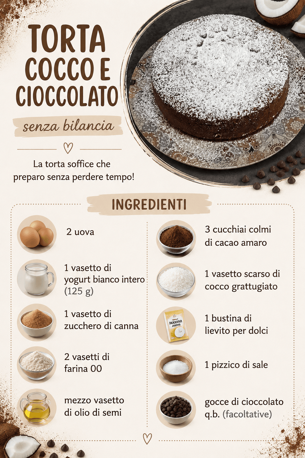 Torta cocco e cioccolato senza bilancia: la torta soffice che preparo senza perdere tempo