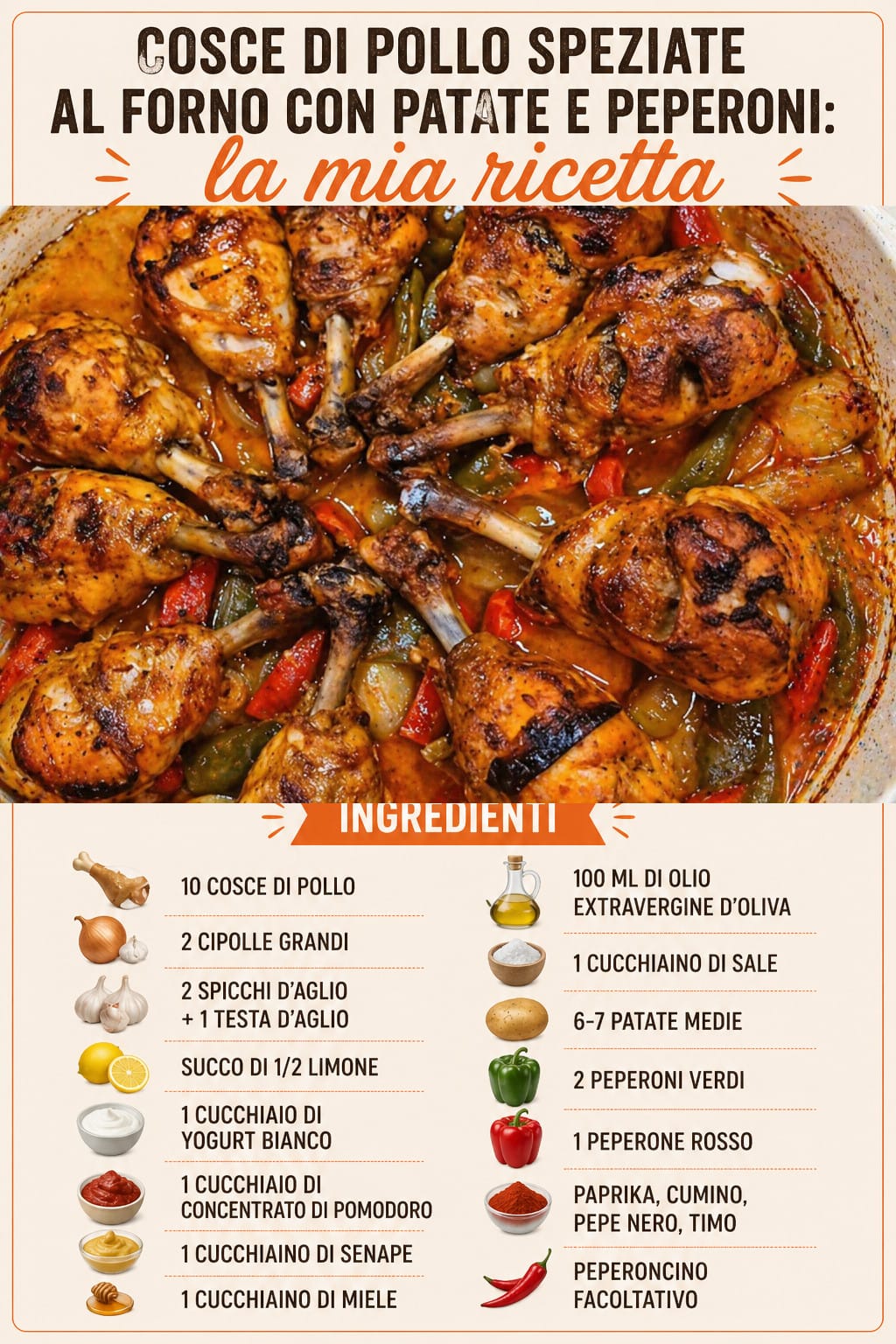 Cosce di pollo speziate al forno con patate e peperoni: la ricetta viralissima che fa impazzire tutti