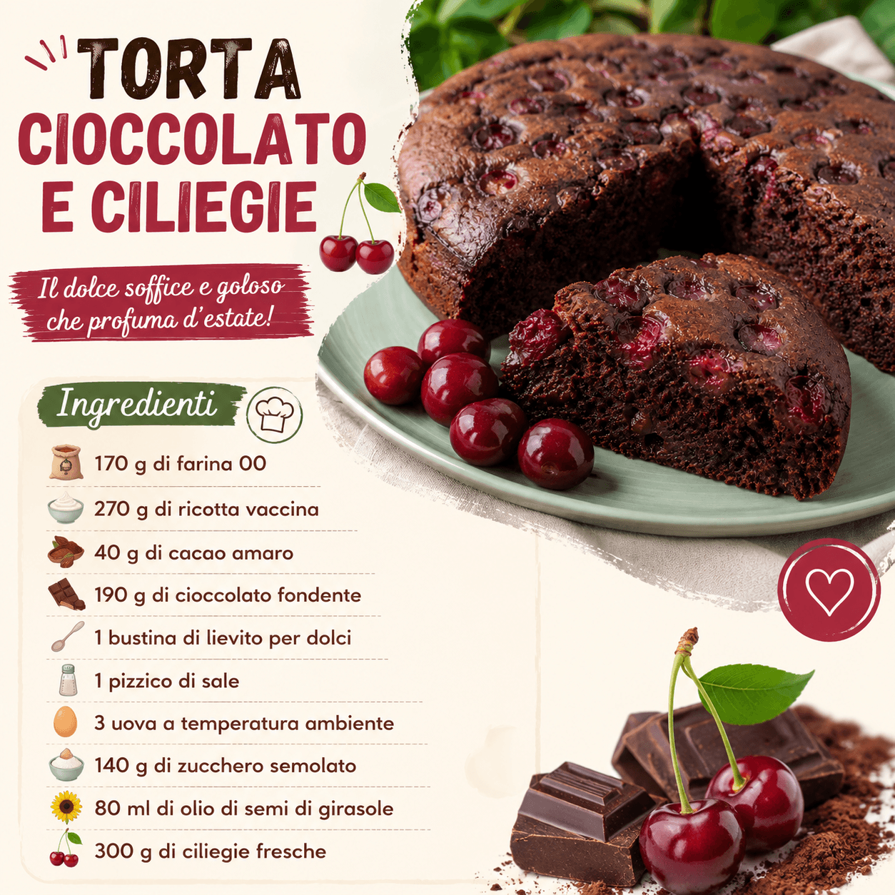 Torta cioccolato e ciliegie: il dolce soffice e goloso che profuma d’estate
