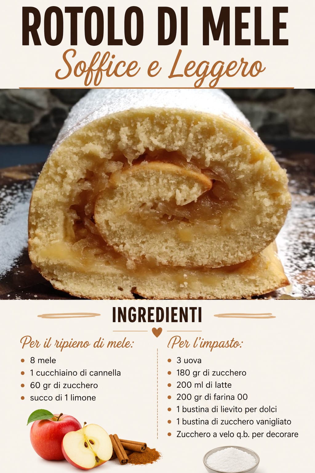 Rotolo di mele soffice e leggero: appena lo cuoci lo arrotoli subito, è già farcito!