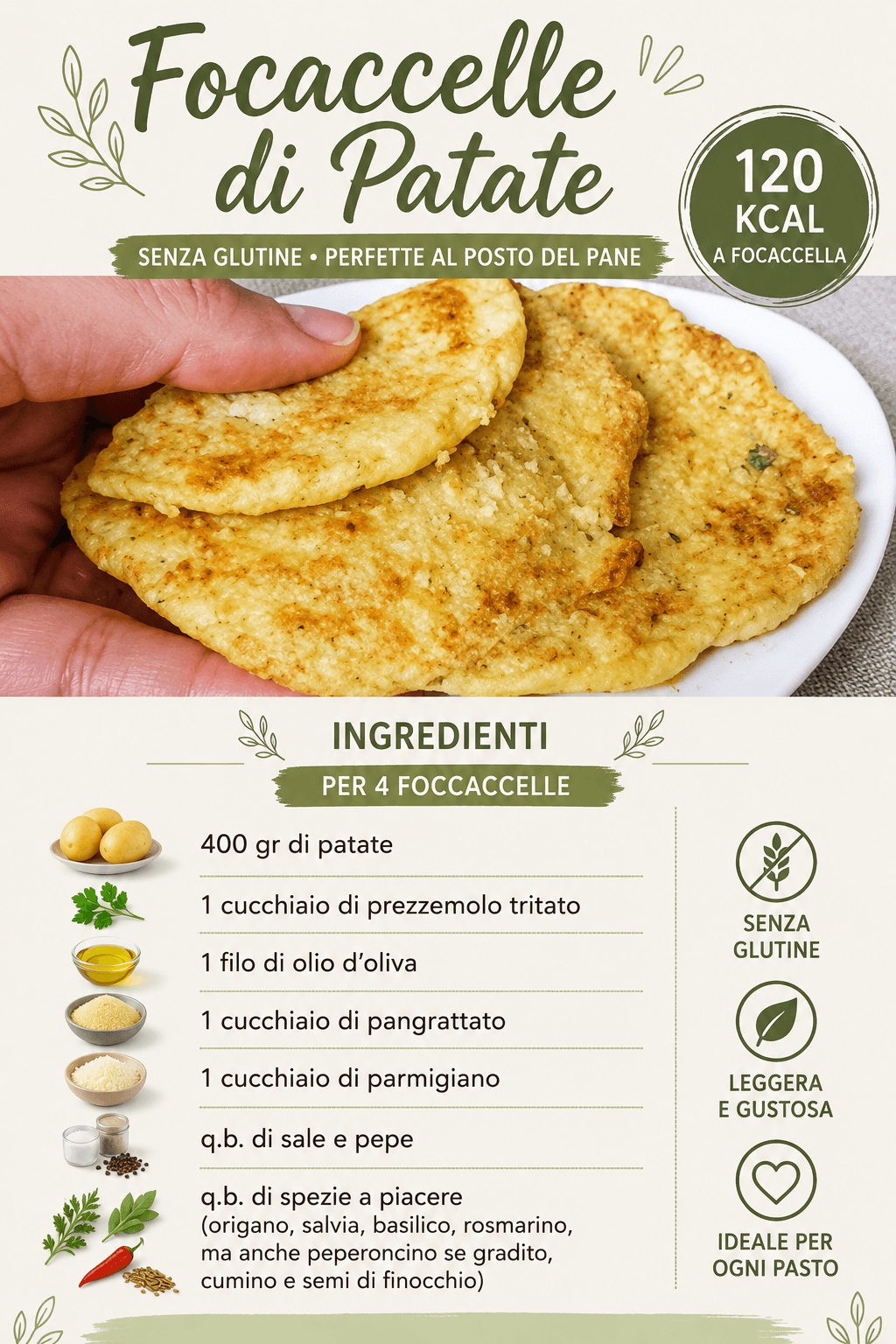 Focaccelle di patate: puoi usarle per sostituire il pane. Senza glutine e con 120 Kcal!