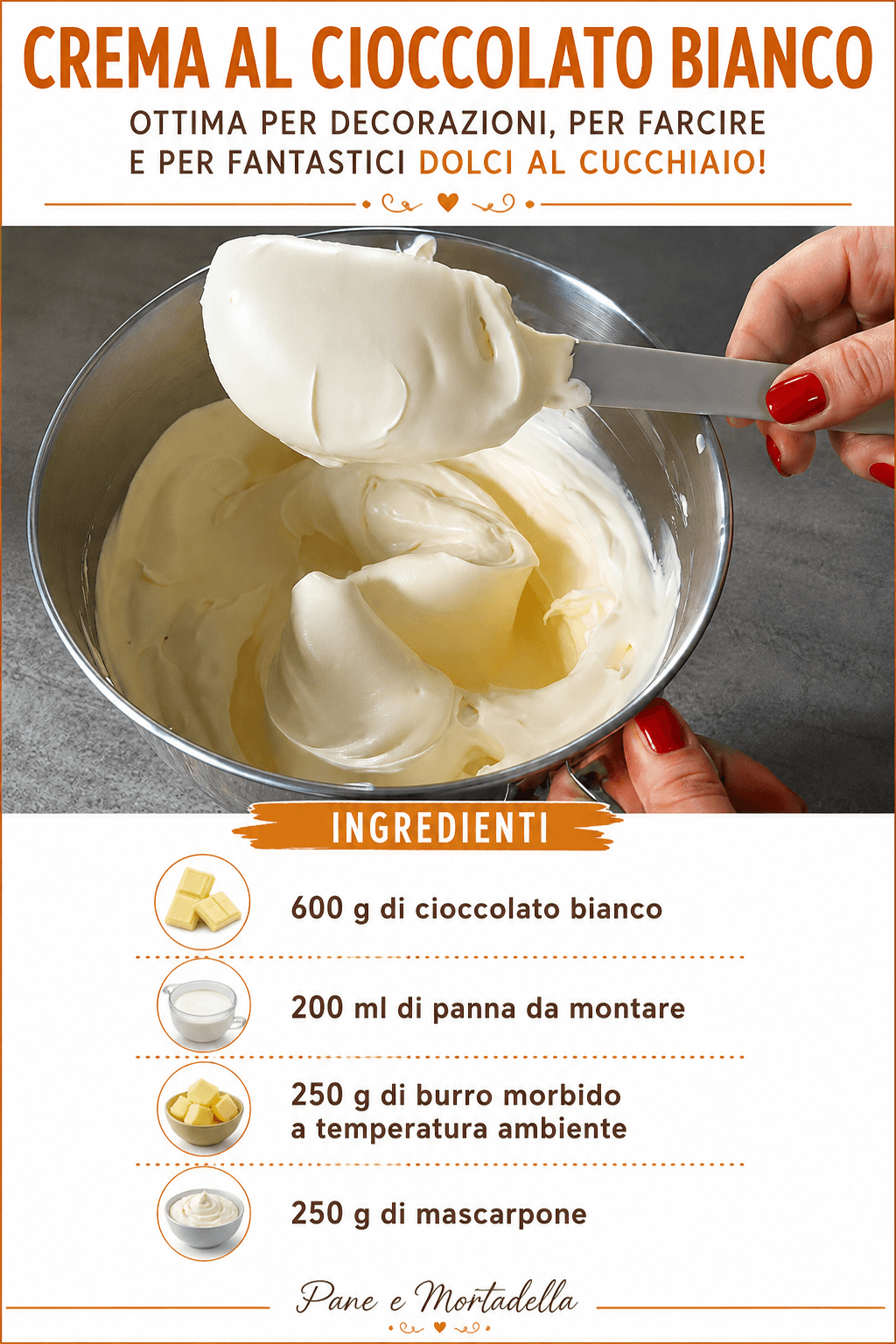 Crema al cioccolato bianco, ottima per decorazioni, per farcire e per fantastici dolci al cucchiaio!