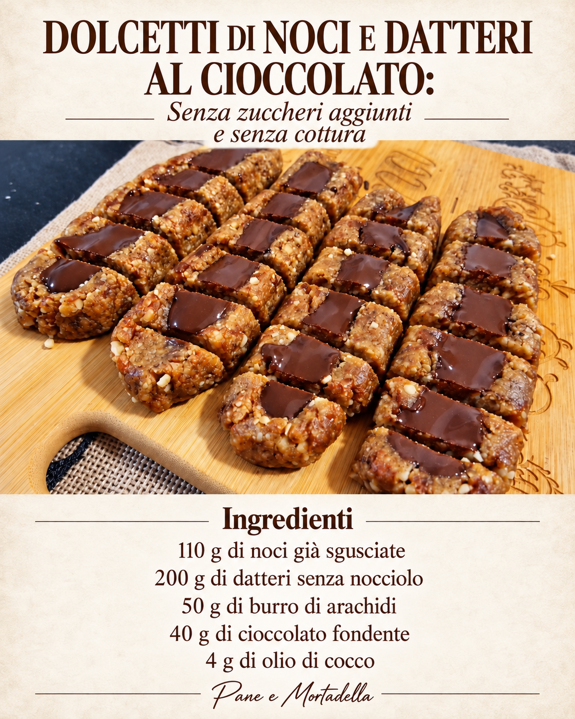Dolcetti di noci e datteri al cioccolato: senza zuccheri aggiunti e senza cottura